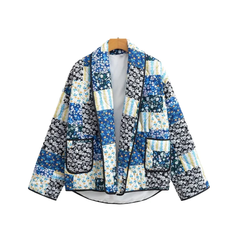 Damen Gesteppte Patchwork-Quiltjacke mit Kontrastpaspel und aufgesetzten Taschen Drune