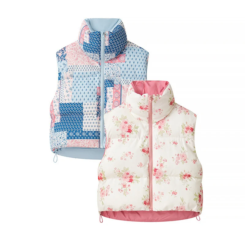 Damen Gesteppte Kurzweste mit Stehkragen, Patchwork-Bandana‑Print und Kordelzug Drune