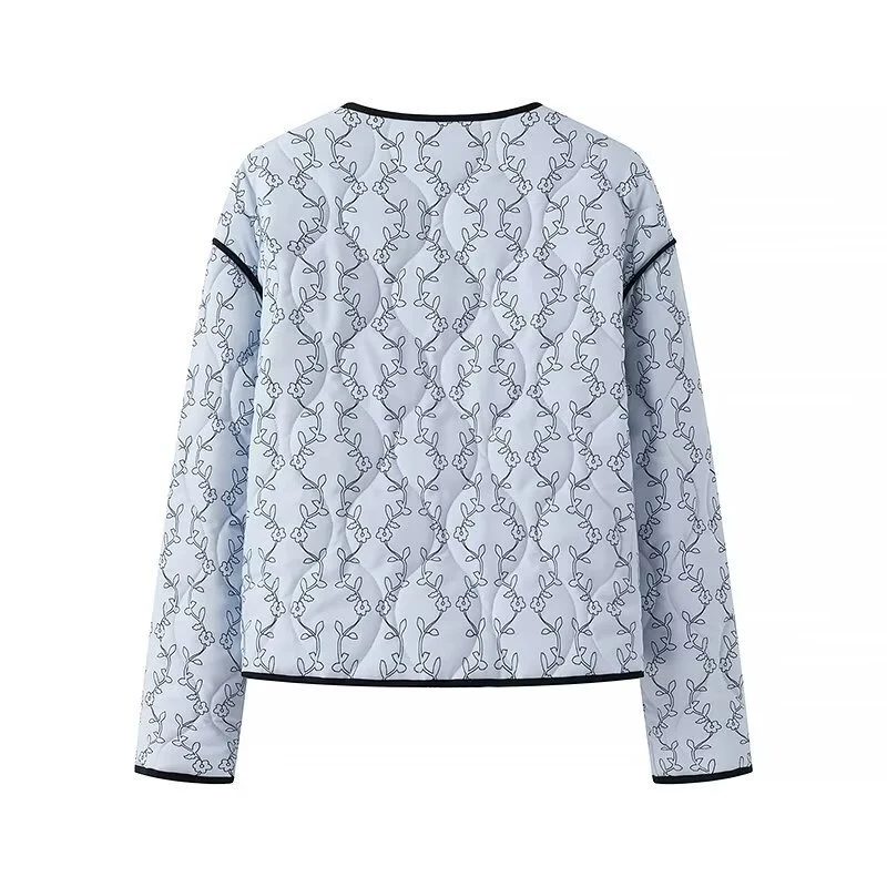Damen gesteppte Kurzjacke mit V‑Ausschnitt, Kontrastpaspel und floraler Steppapplikation Drune