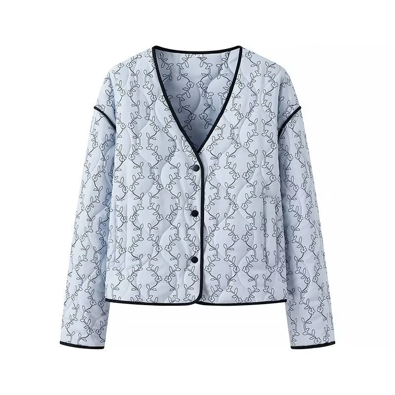 Damen gesteppte Kurzjacke mit V‑Ausschnitt, Kontrastpaspel und floraler Steppapplikation Drune