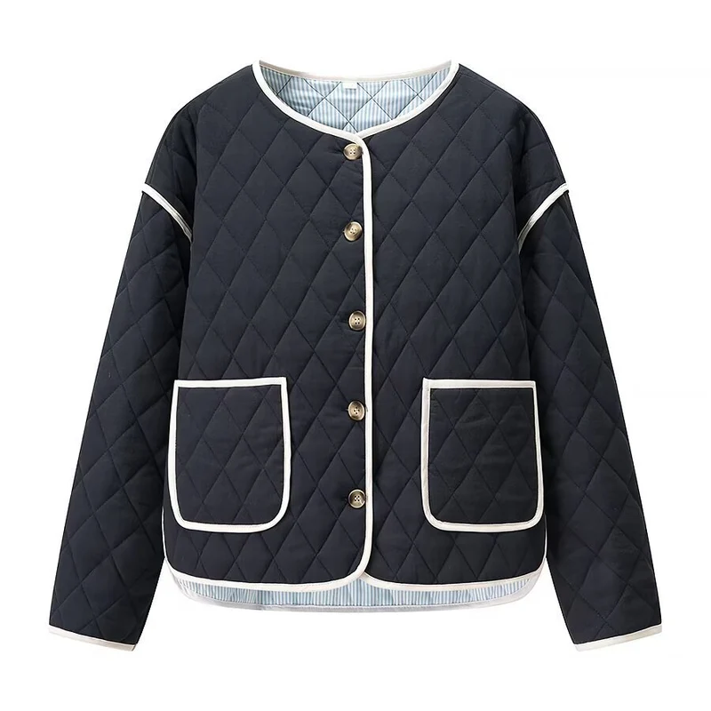 Damen gesteppte Kurzjacke mit Diamantstepp, kontrastierter Paspel und abgerundetem Saum Drune