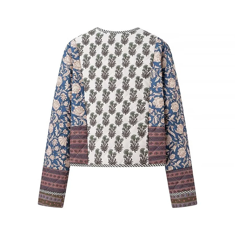 Damen Gesteppte Kurzjacke im Boho‑Patchwork‑Stil mit offenem Vorderteil Drune