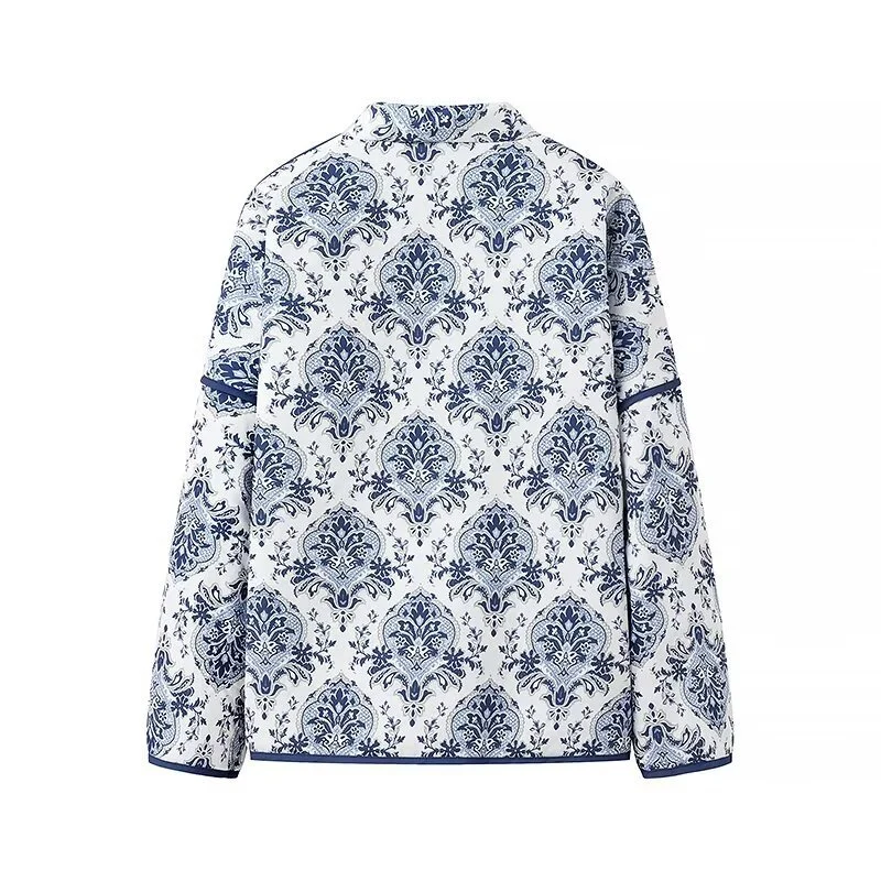 Damen Gesteppte Kimono‑Jacke mit ornamentaler Jacquardoptik und kontrastierter Paspel Drune