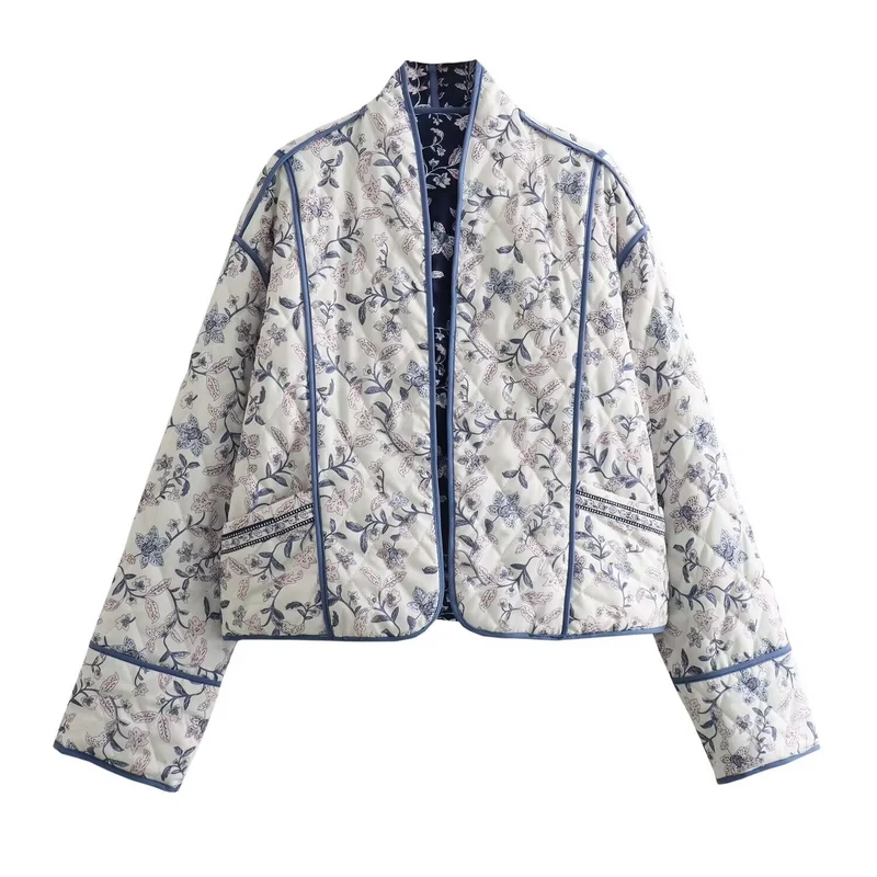 Damen gesteppte Kimono-Jacke mit floralem Allover‑Muster und kontrastierender Paspelierung Drune