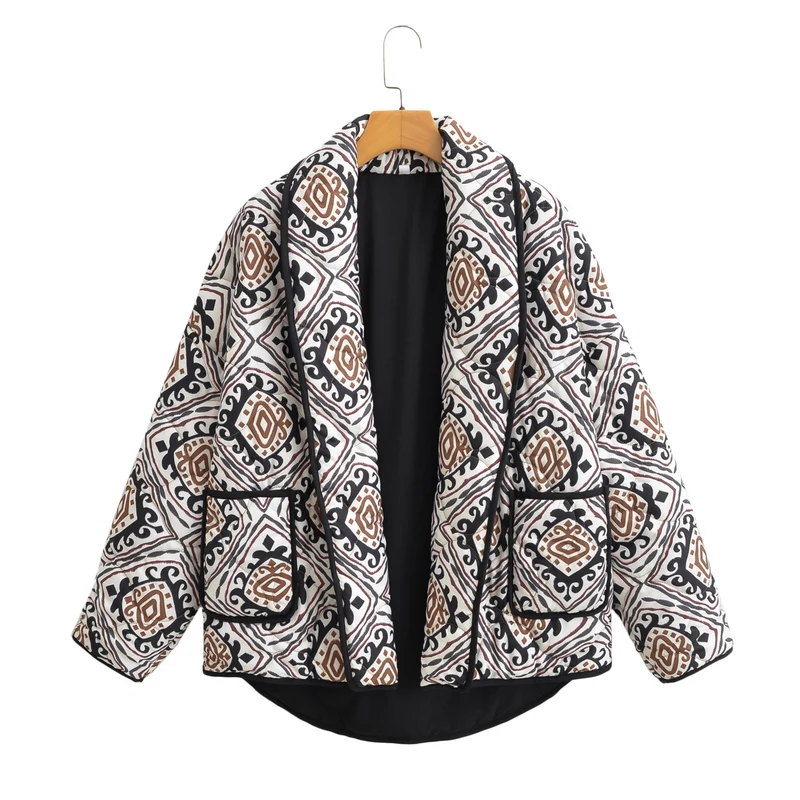 Damen Gesteppte Kimono-Jacke mit Ethno-Print, Kontrastpaspel und aufgesetzten Taschen Drune