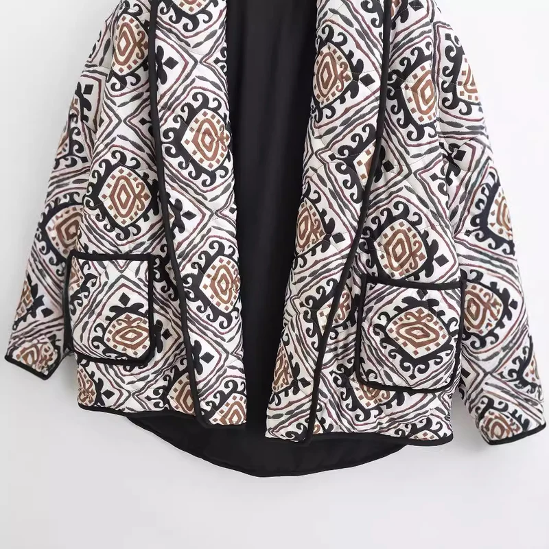 Damen Gesteppte Kimono-Jacke mit Ethno-Print, Kontrastpaspel und aufgesetzten Taschen Drune