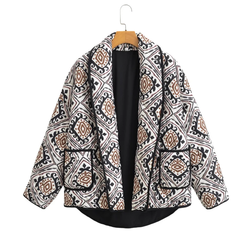 Damen Gesteppte Kimono-Jacke mit Ethno-Print, Kontrastpaspel und aufgesetzten Taschen Drune