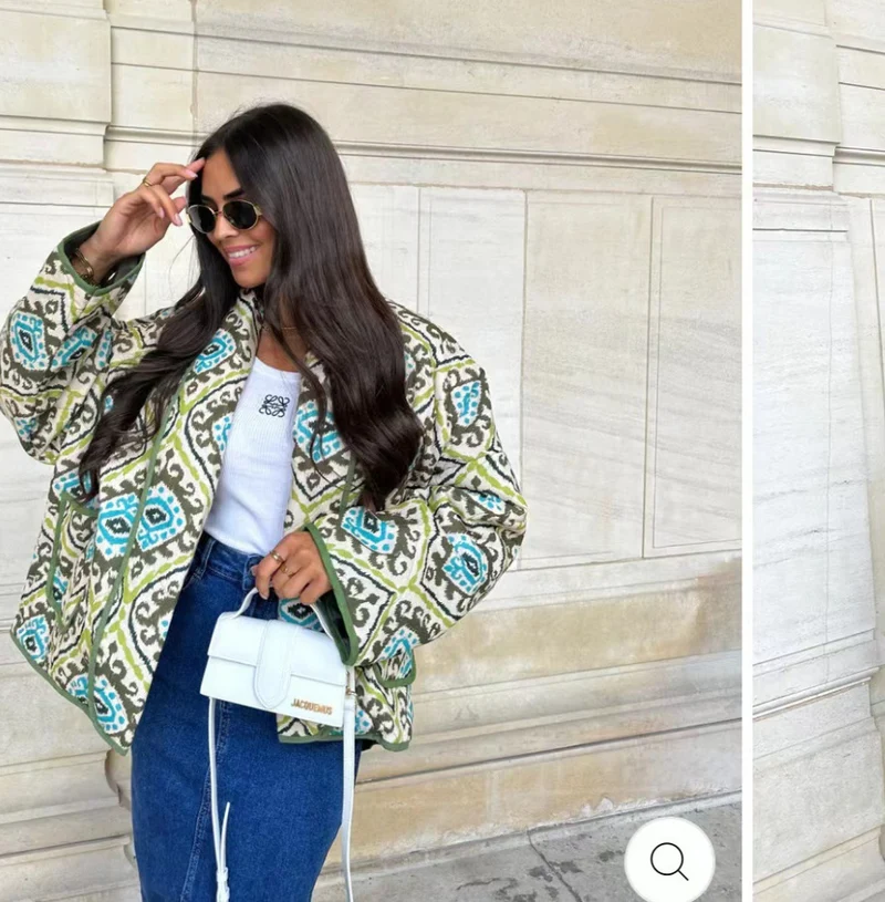 Damen Gesteppte Kimono-Jacke mit Ethno-Print, Kontrastpaspel und aufgesetzten Taschen Drune