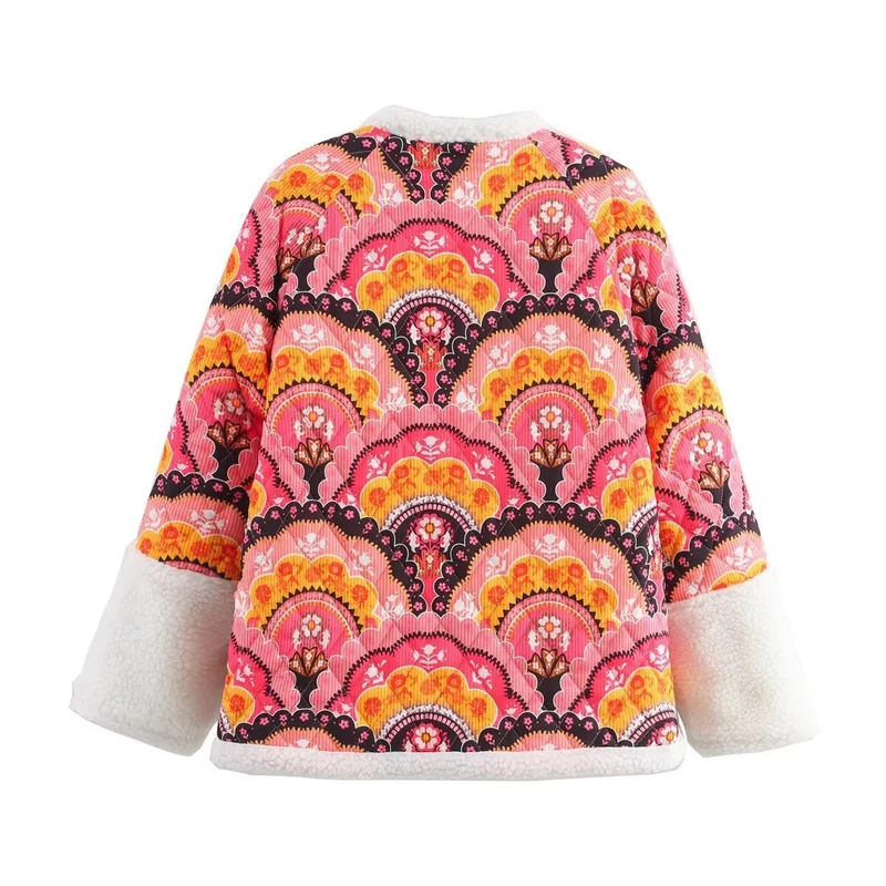 Damen gesteppte Jacke mit Teddyfutter und retro-inspiriertem Allover-Print Drune