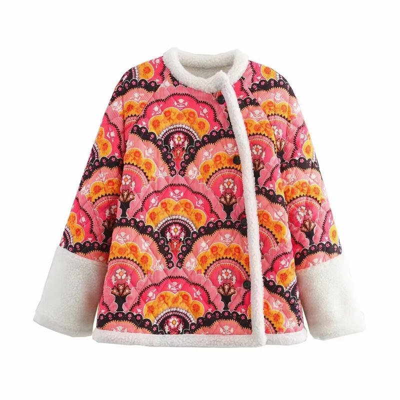 Damen gesteppte Jacke mit Teddyfutter und retro-inspiriertem Allover-Print Drune