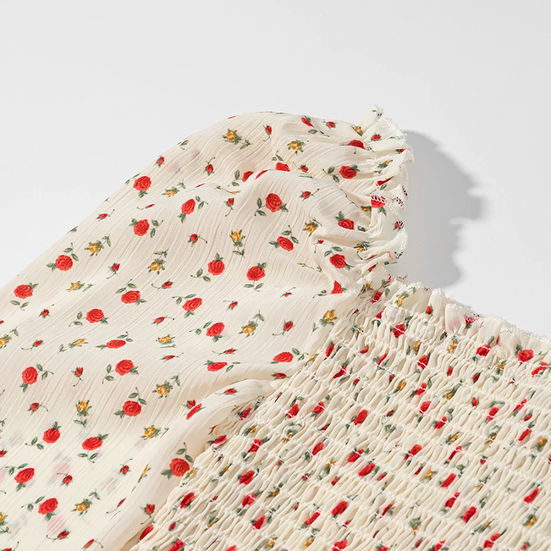 Damen Gesmoktes Cropped-Top mit Puffärmeln und Blumendessin Drune