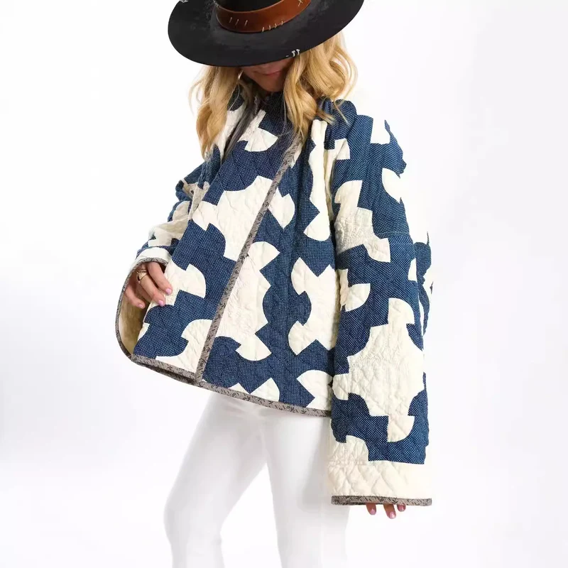 Damen Gequiltete Oversize-Jacke mit Patchworkmuster und weiter Kimono-Ärmel Drune
