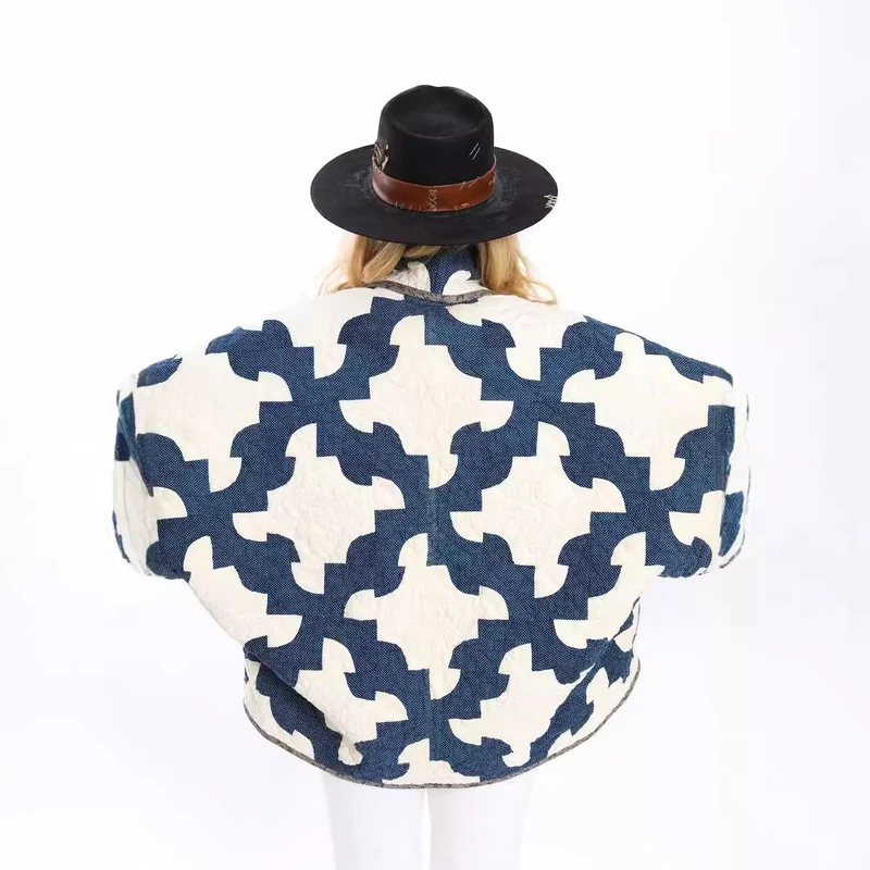 Damen Gequiltete Oversize-Jacke mit Patchworkmuster und weiter Kimono-Ärmel Drune