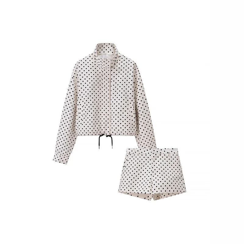 Damen Gepunktetes Satin-Loungewear-Set mit Oversize-Blazer und Kordel-Shorts Drune