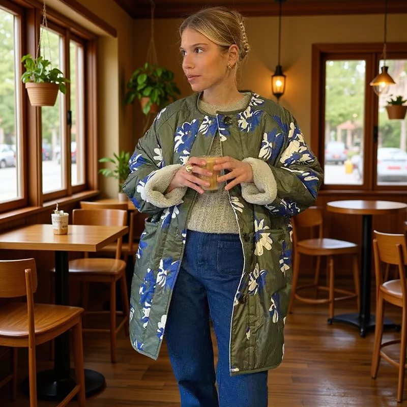 Damen Gepolsterter Steppmantel mit floralem Allover-Print und Teddy-Futter Drune