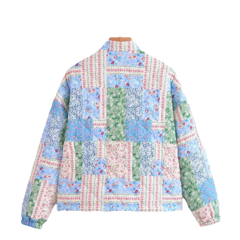 Damen Gepolsterte Patchwork Steppjacke mit Stehkragen und Druckknopfverschluss Drune
