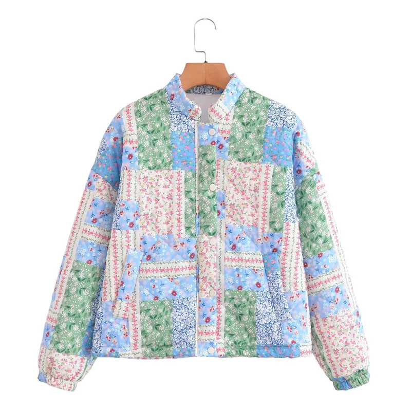 Damen Gepolsterte Patchwork Steppjacke mit Stehkragen und Druckknopfverschluss Drune