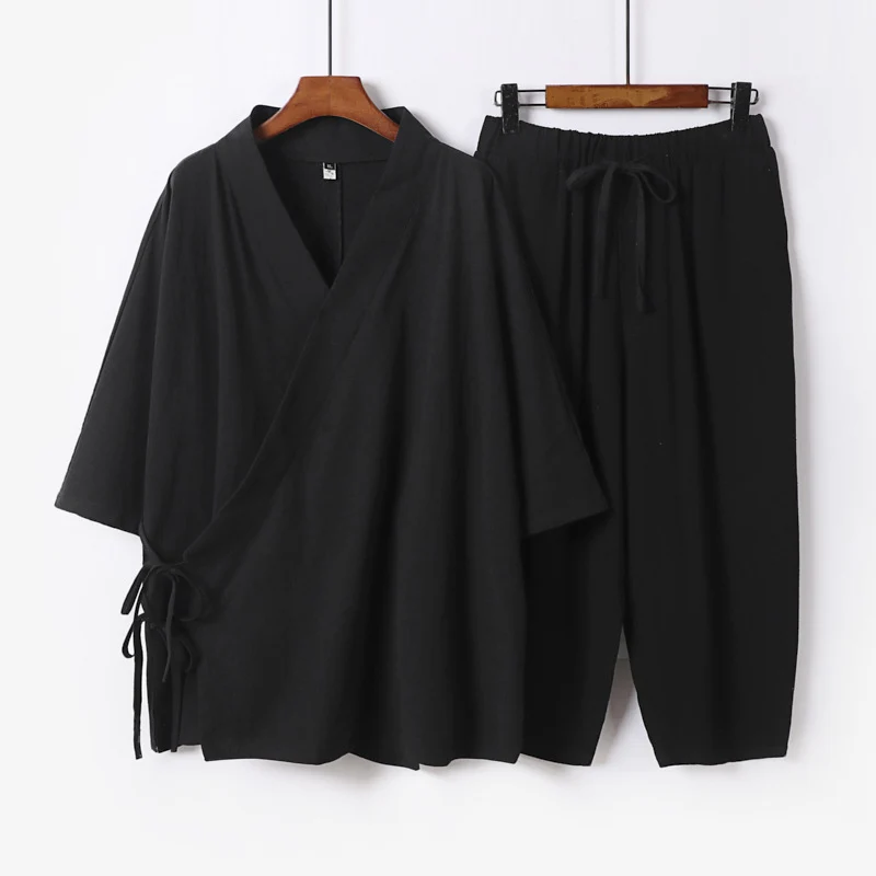 Herren Kimono-Loungewear-Set mit Wickeloberteil, Kordelbundhose und lockerer Passform Drune