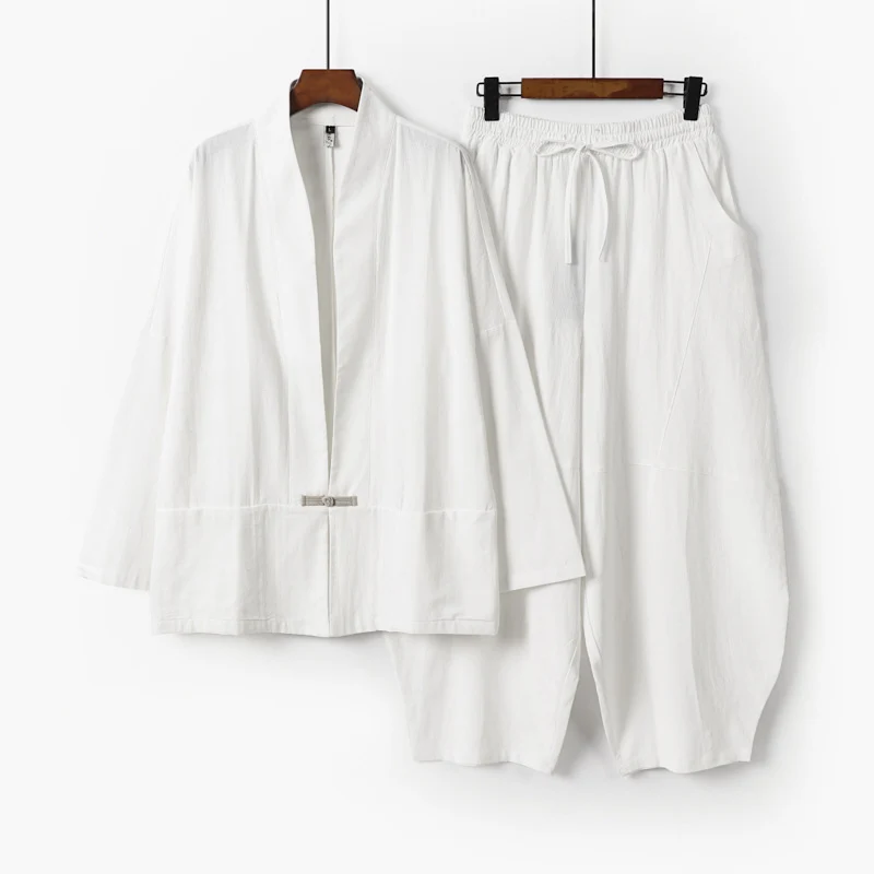 Herren Kimono-Loungewear-Set mit kurzem Schalkragen und weiten Harem-Bundhosen Drune