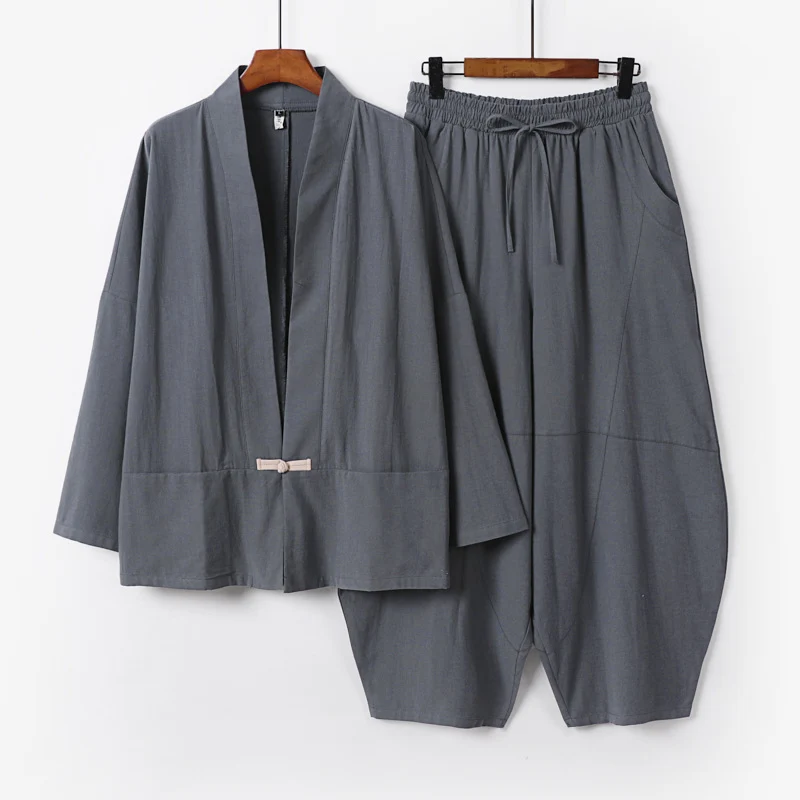 Herren Kimono-Loungewear-Set mit kurzem Schalkragen und weiten Harem-Bundhosen Drune