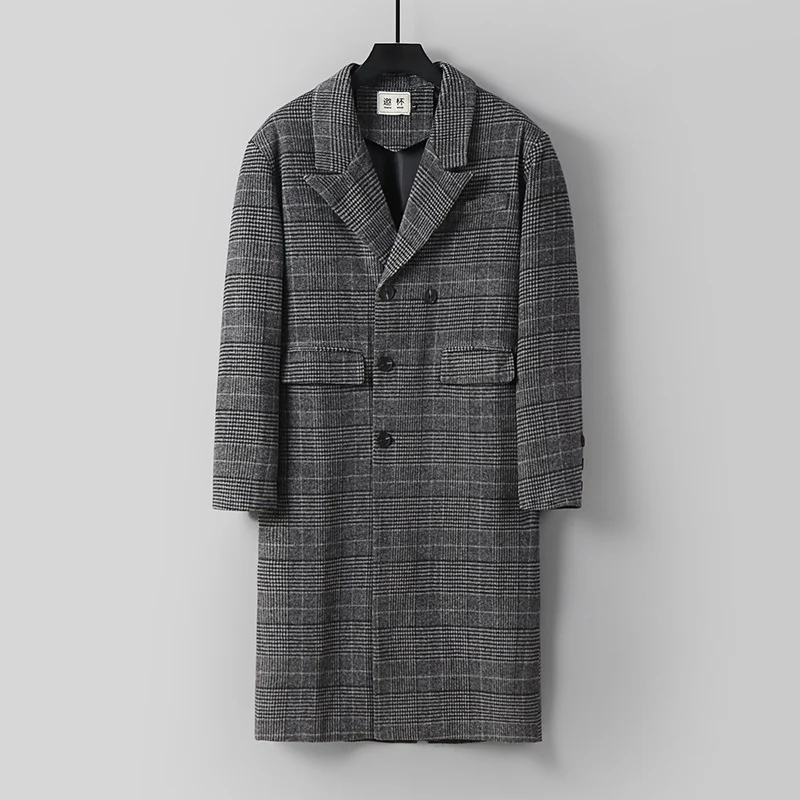 Herren Karierter Longcoat aus Wollmix mit klassischem Revers und geradem Schnitt Drune