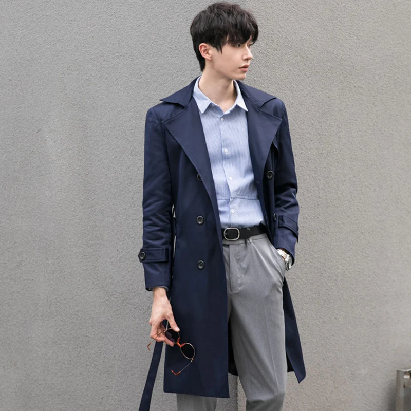 Herren Eleganter taillierter Trenchcoat mit doppelter Knopfleiste und Bindegürtel Drune