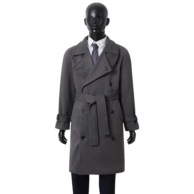 Herren Eleganter Mantel im Longcoat‑Stil aus Wollmix mit Doppelreihe, taillierendem Bindegürtel und dekorativer Schulterpasse Drune