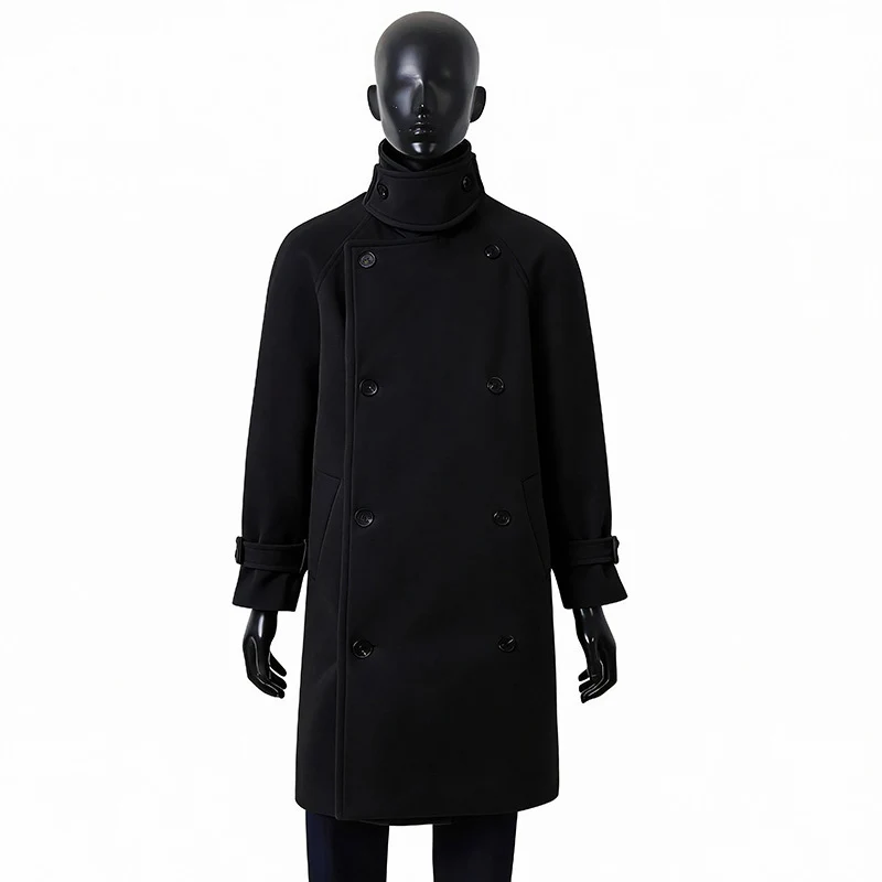 Herren Eleganter Mantel im Longcoat‑Stil aus Wollmix mit Doppelreihe, taillierendem Bindegürtel und dekorativer Schulterpasse Drune