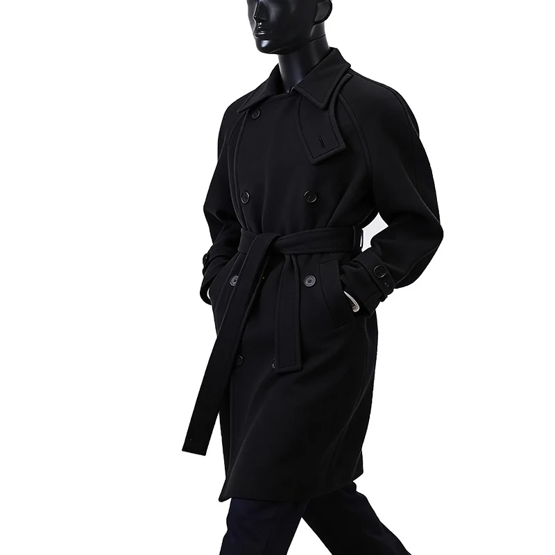 Herren Eleganter Mantel im Longcoat‑Stil aus Wollmix mit Doppelreihe, taillierendem Bindegürtel und dekorativer Schulterpasse Drune