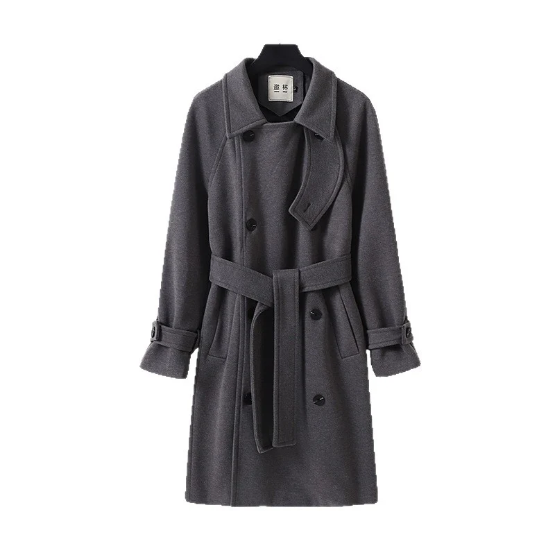Herren Eleganter Mantel im Longcoat‑Stil aus Wollmix mit Doppelreihe, taillierendem Bindegürtel und dekorativer Schulterpasse Drune
