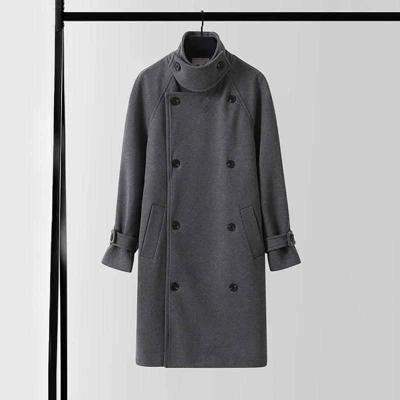 Herren Eleganter Mantel im Longcoat‑Stil aus Wollmix mit Doppelreihe, taillierendem Bindegürtel und dekorativer Schulterpasse Drune