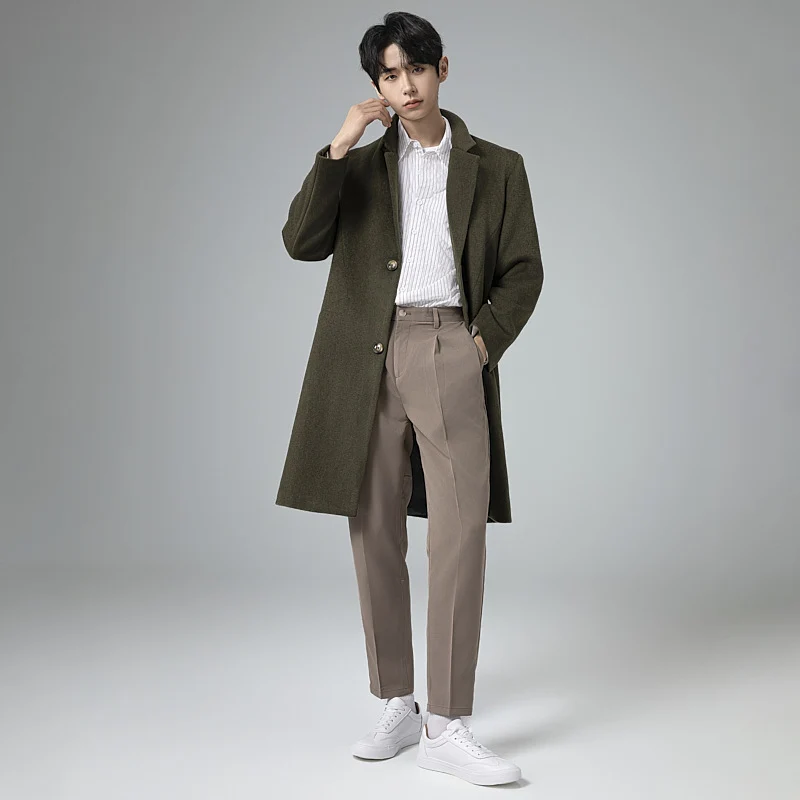 Herren Eleganter Longline-Wollmantel mit minimalistischem Revers und taillierter Silhouette Drune