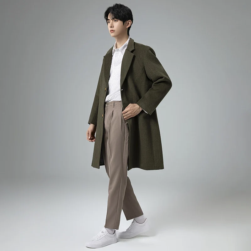 Herren Eleganter Longline-Wollmantel mit minimalistischem Revers und taillierter Silhouette Drune