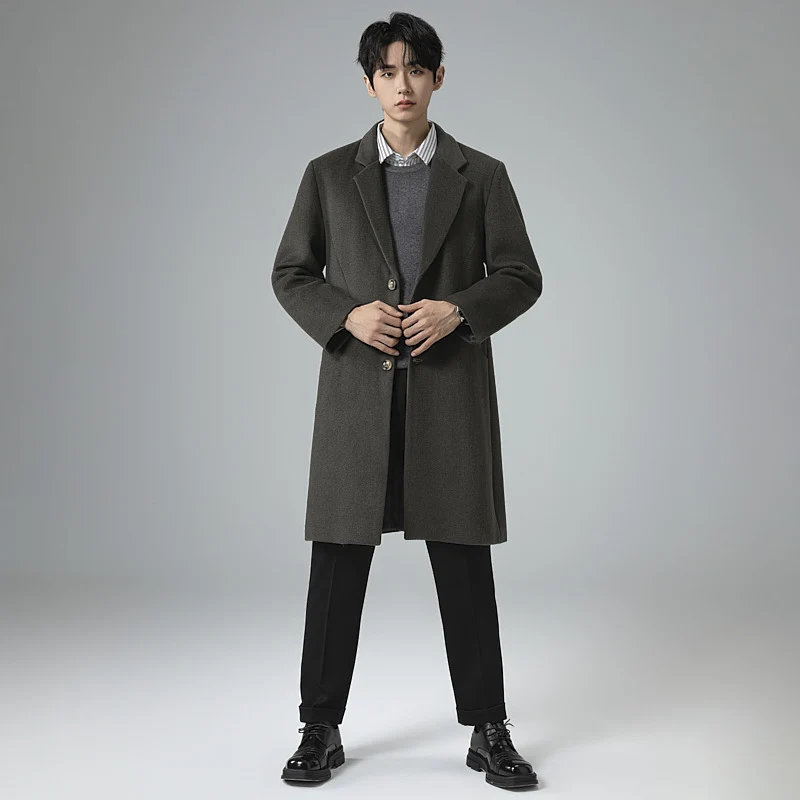 Herren Eleganter Longline-Wollmantel mit minimalistischem Revers und taillierter Silhouette Drune