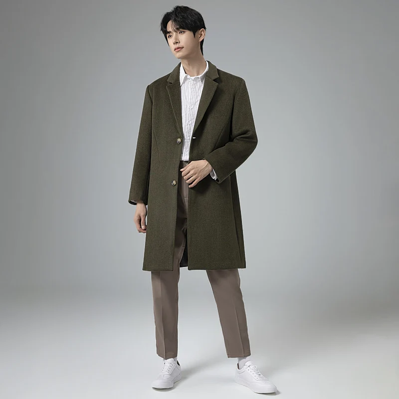 Herren Eleganter Longline-Wollmantel mit minimalistischem Revers und taillierter Silhouette Drune