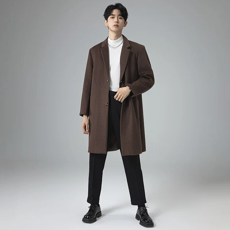Herren Eleganter Longline-Wollmantel mit minimalistischem Revers und taillierter Silhouette Drune
