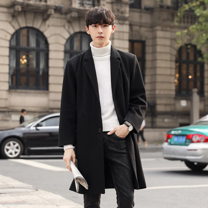 Herren Eleganter Longcoat aus Wollmix mit verdeckter Knopfleiste und Rückenschlitz Drune