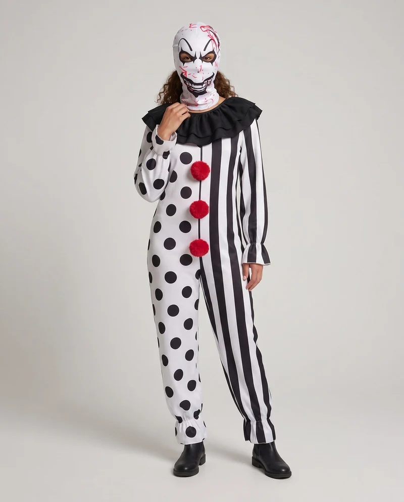 Damen Clowns-Kostüm mit Kopfteil und kontrastierenden Akzenten Drune