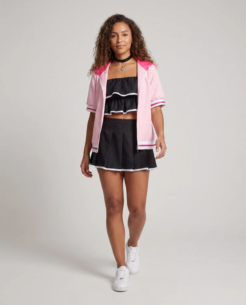 Damen Cosplay-Set mit gestuftem Oberteil, Rock und praktischer Jacke Drune