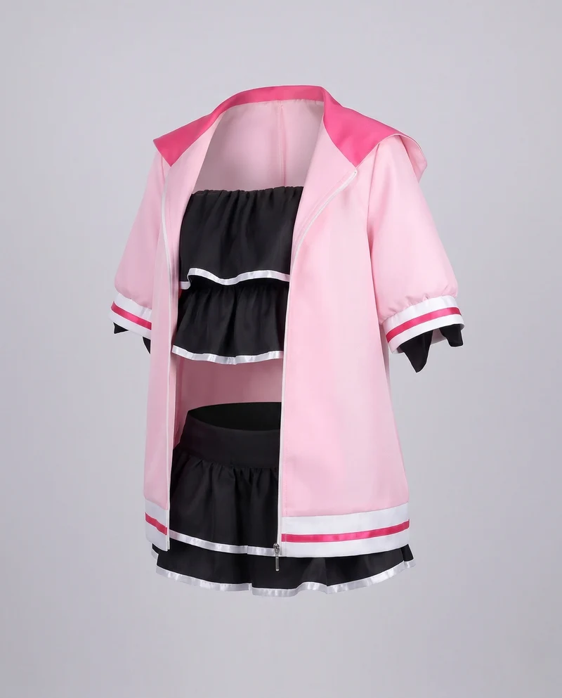 Damen Cosplay-Set mit gestuftem Oberteil, Rock und praktischer Jacke Drune
