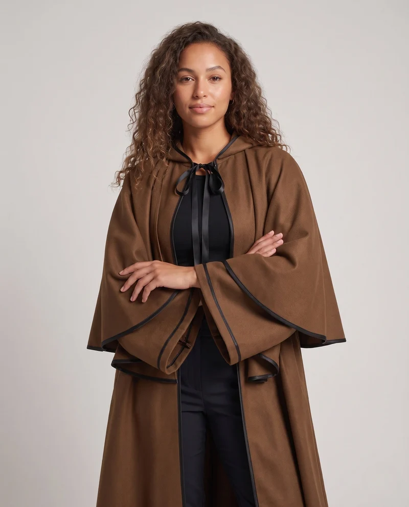 Damen eleganter Kapuzenumhang mit fließendem Schnitt und weiten Ärmeln Drune