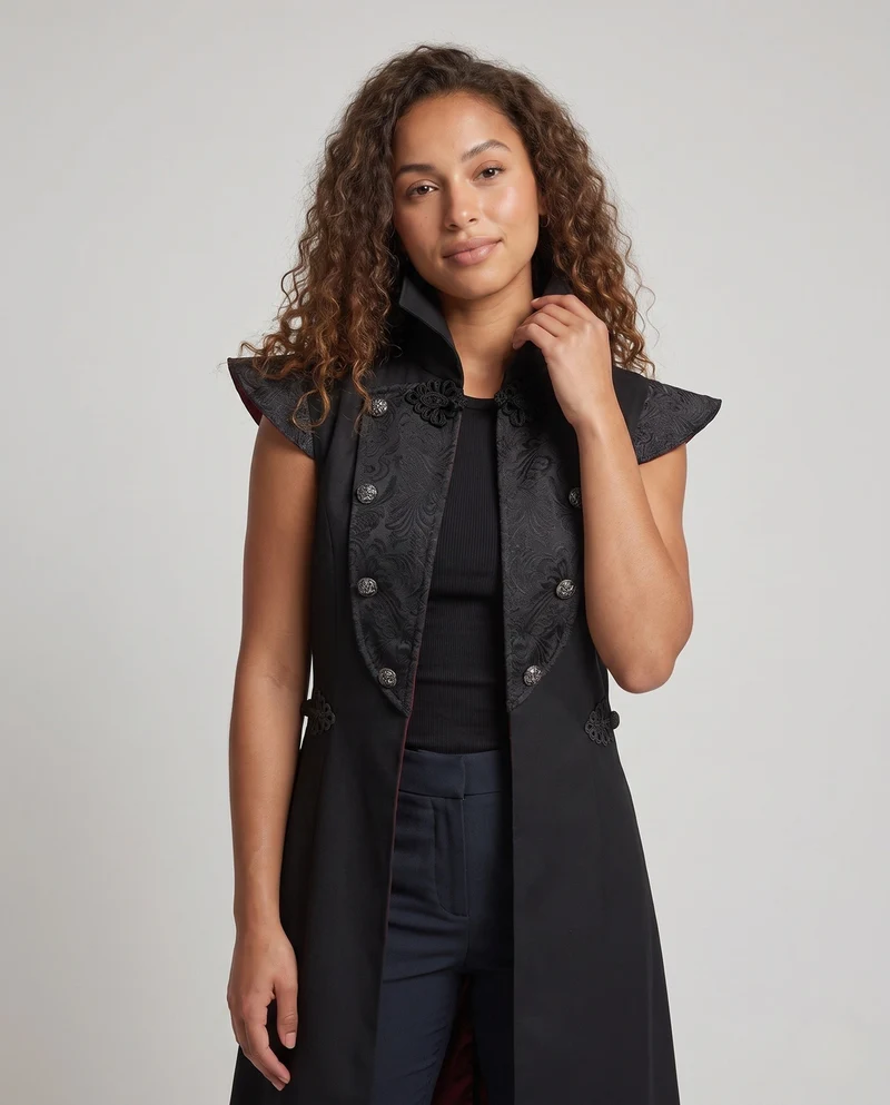 Damen eleganter Kapuzenumhang mit kunstvollem Design und detaillierten Akzenten Drune