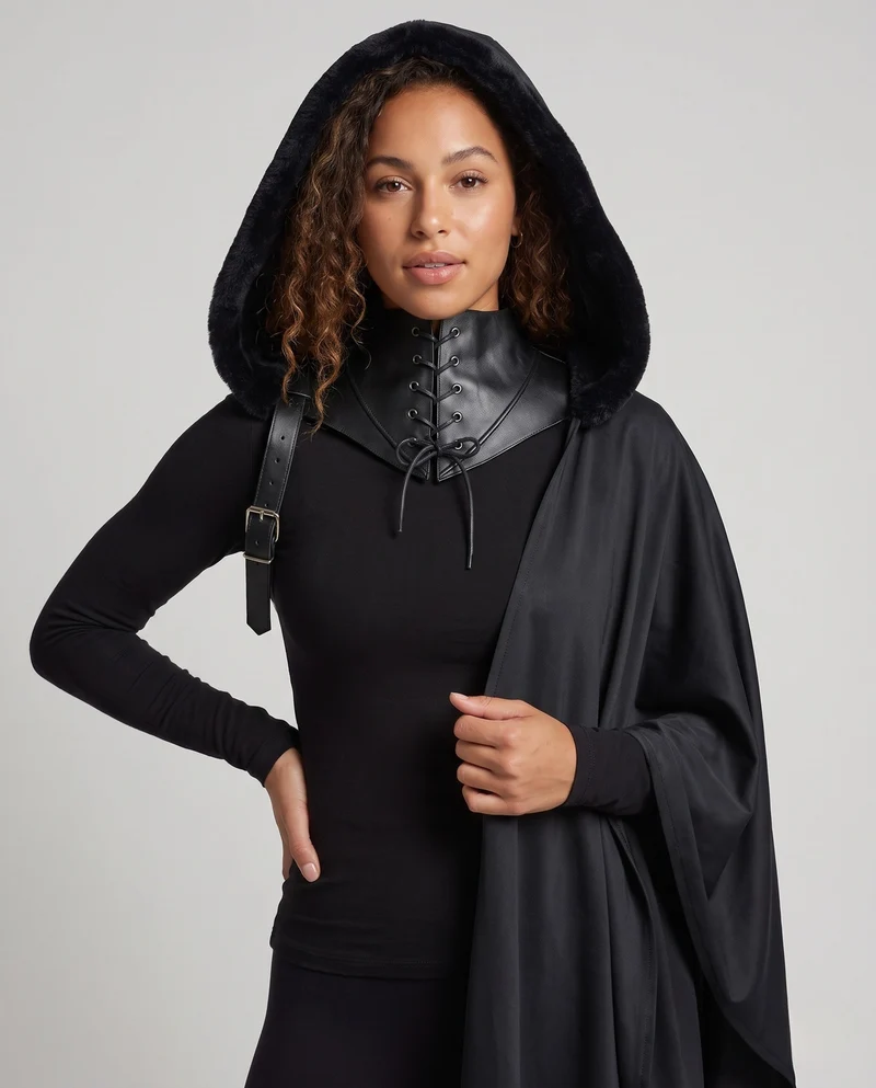 Damen eleganter Kapuzenumhang mit kunstvollen Schnallen Drune
