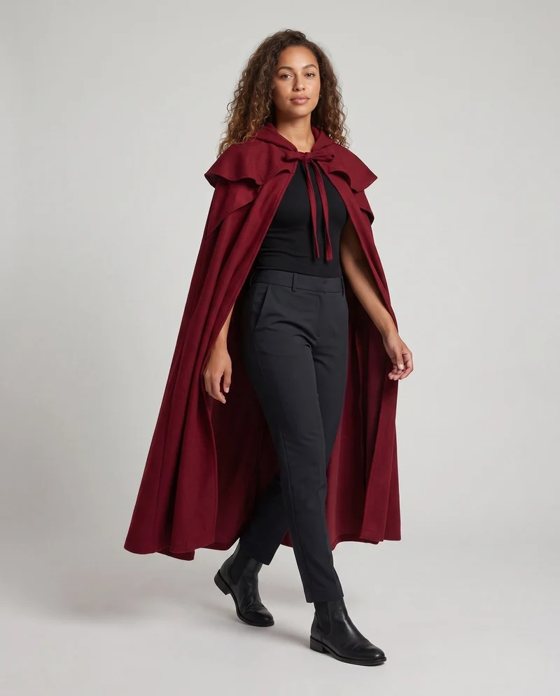 Damen eleganter Kapuzenumhang mit schwingendem Schnitt und Rüschenakzenten Drune