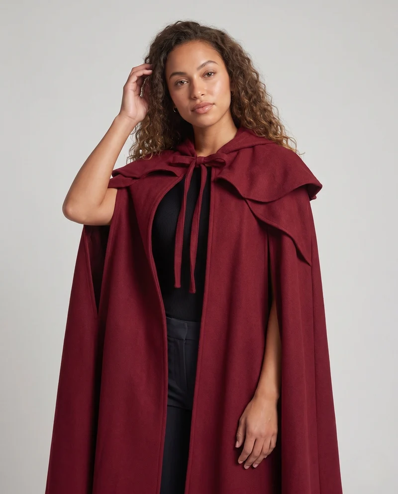 Damen eleganter Kapuzenumhang mit schwingendem Schnitt und Rüschenakzenten Drune