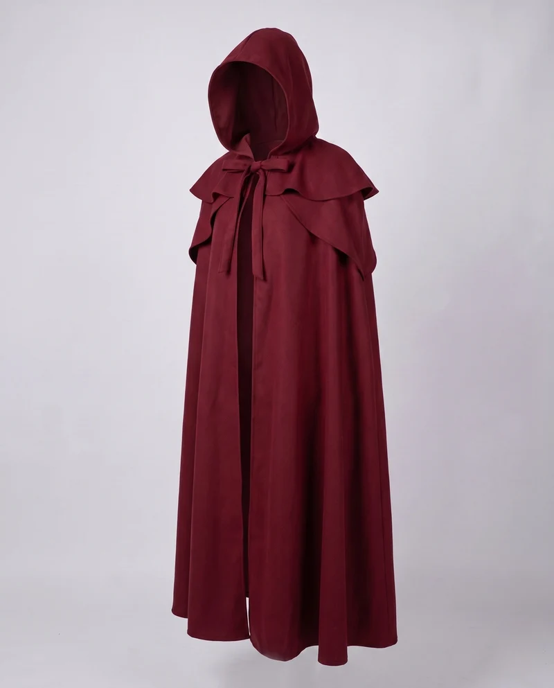 Damen eleganter Kapuzenumhang mit schwingendem Schnitt und Rüschenakzenten Drune