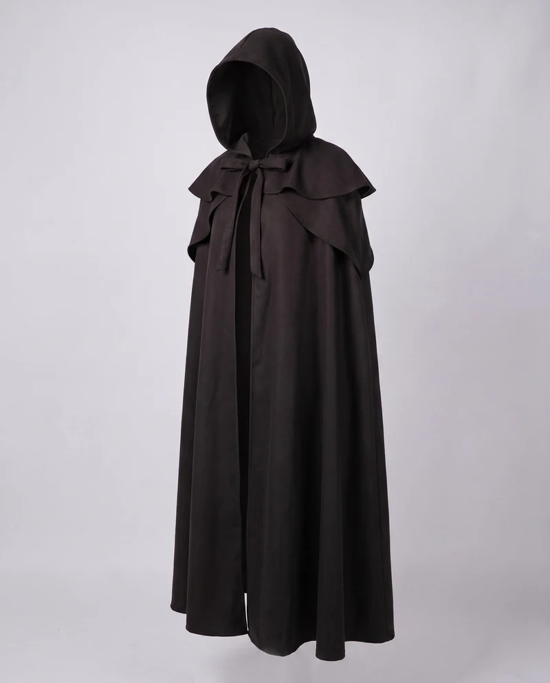Damen eleganter Kapuzenumhang mit schwingendem Schnitt und Rüschenakzenten Drune