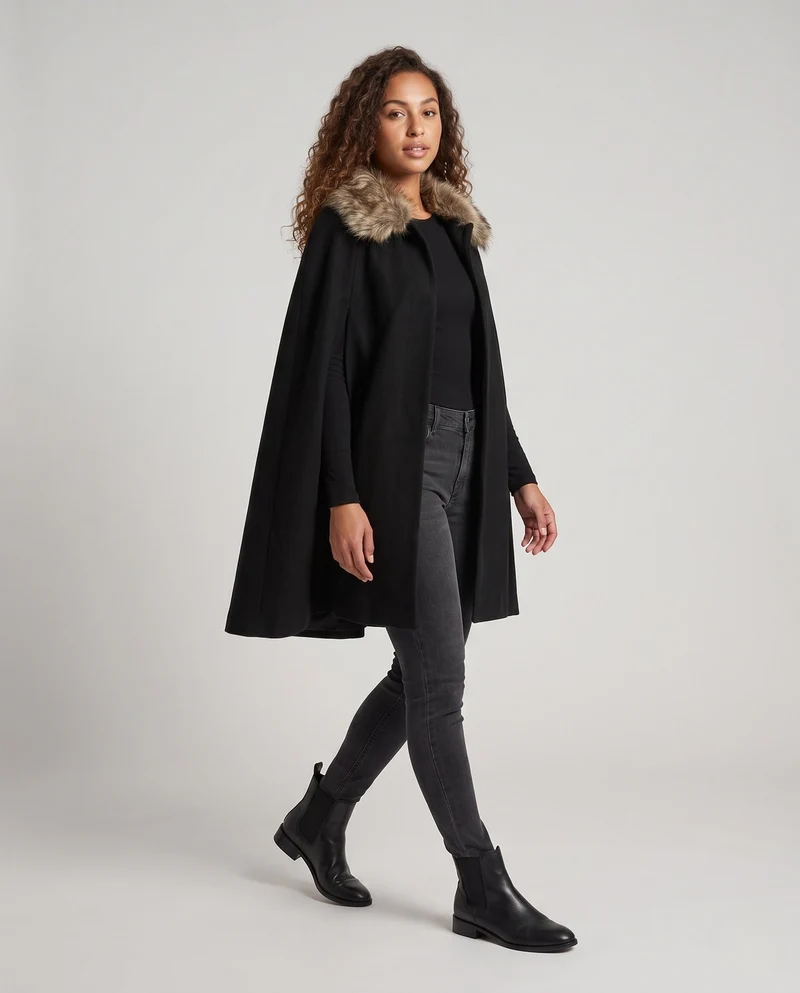 Damen eleganter Umhang mit luxuriösem Kunstfellkragen Drune