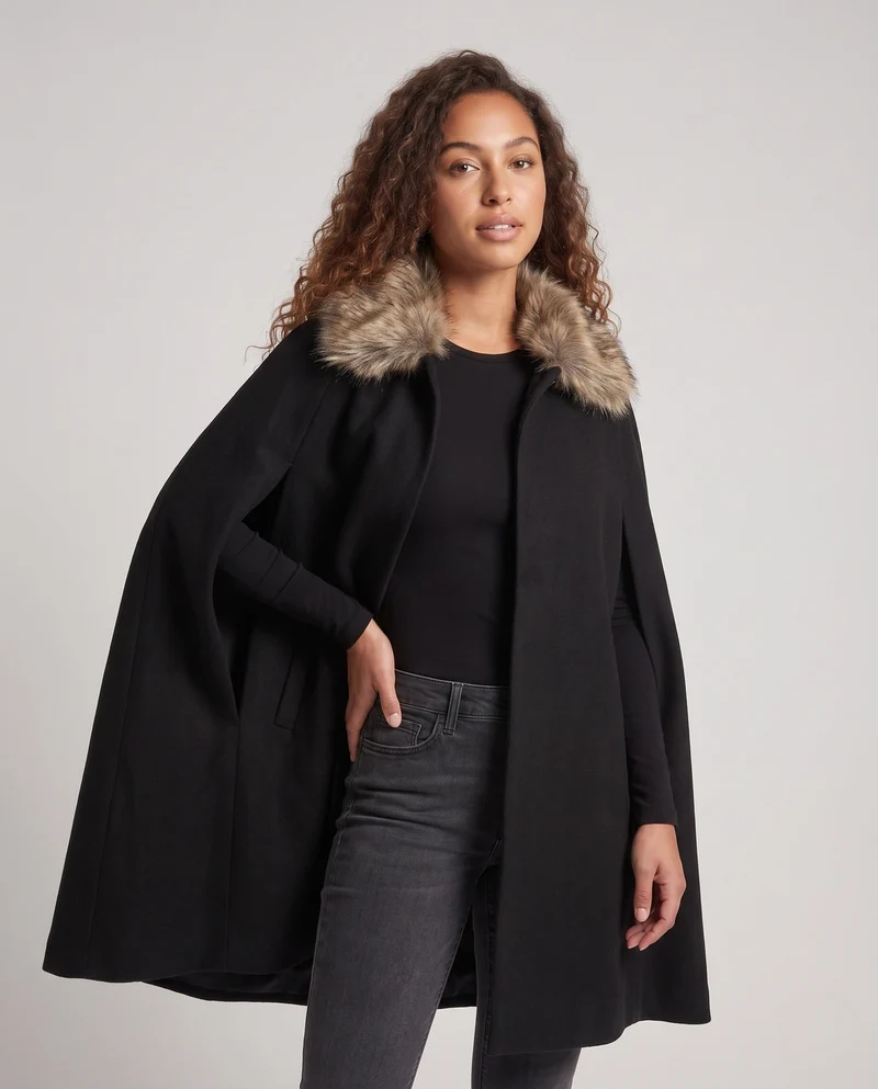 Damen eleganter Umhang mit luxuriösem Kunstfellkragen Drune