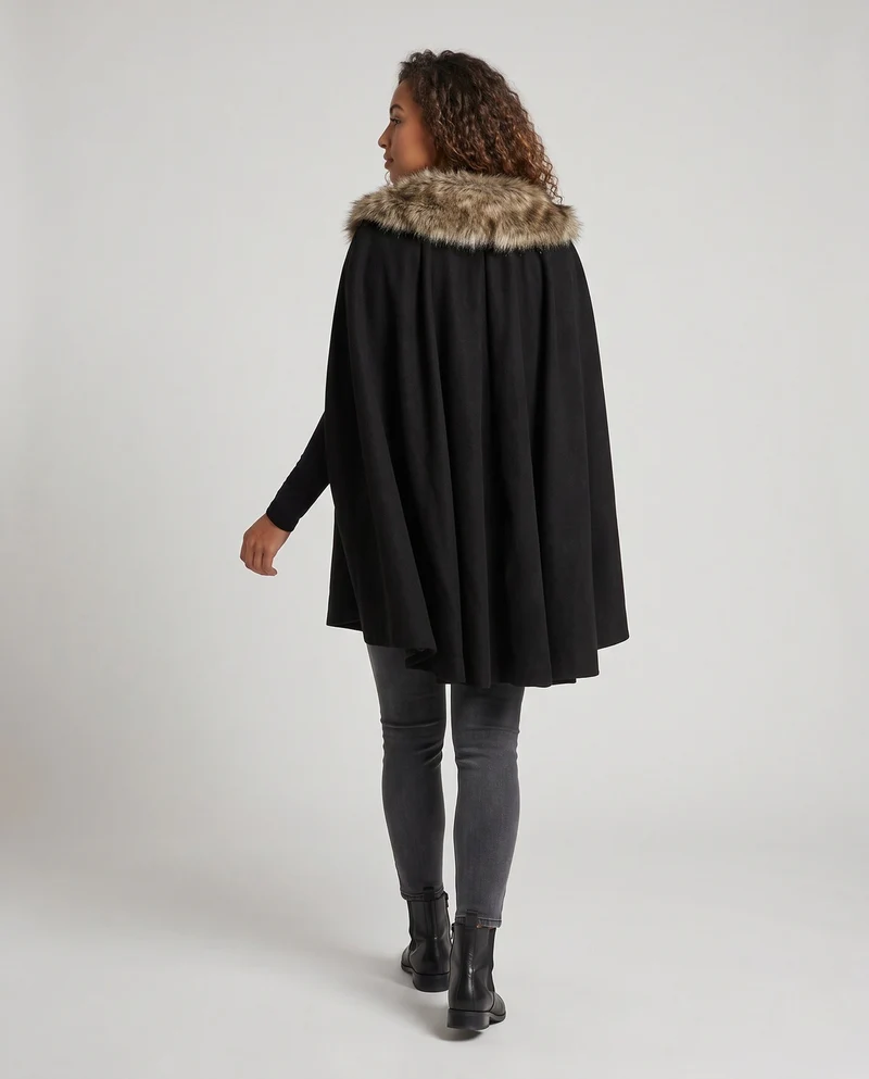 Damen eleganter Umhang mit luxuriösem Kunstfellkragen Drune